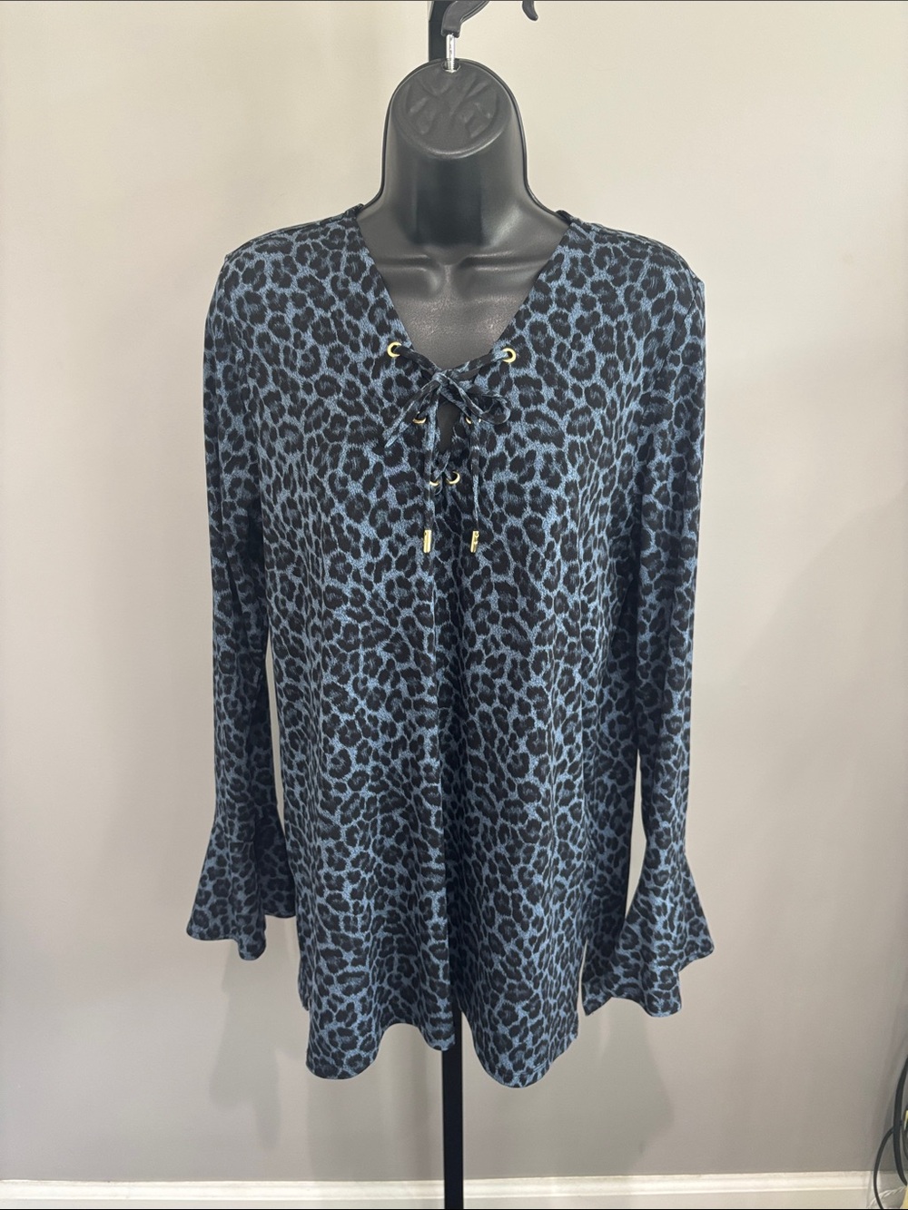 Michael Kors Blue Leopard-Print Lace-Up Tunic Top Size Large